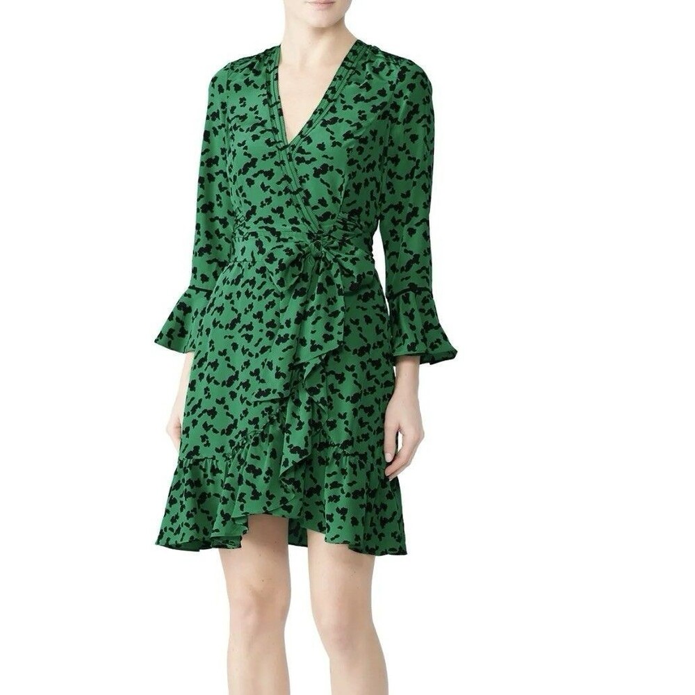 TANYA TAYLOR Nomi Wrap Dress Ruffle Green Black Geometric Leopard Casual Party